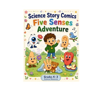 Może przedstawiać: Okładka książki zatytułowana Science Story Comics Five Senses Adventure Grades K-3 Science Resource. Przedstawia rysunkowego chłopca w otoczeniu spersonifikowanych zmysłów: oka, ucha, nosa, dłoni i języka w kolorowej scenerii parku.