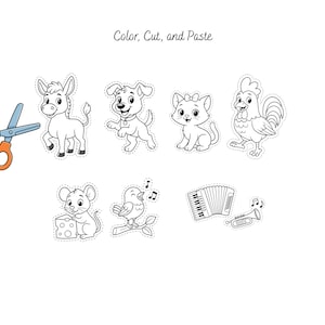 Könnte beinhalten: Ein Kinder-Aktivitätsblatt mit dem Text "Color, Cut, and Paste". Das Blatt zeigt Umrisse eines Esels, Hundes, Katze, Hahns, Maus, Vogels, Akkordeons und einer Trompete. Eine orangefarbene und blaue Schere ist ebenfalls enthalten.