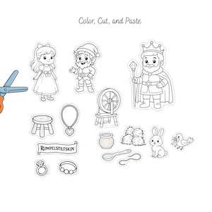 May include: A white background features a coloring and cutting activity with the text "Color, Cut, and Paste." The activity includes line drawings of a princess, a gnome, a king, and other fairy tale elements, along with a pair of orange and blue scissors.