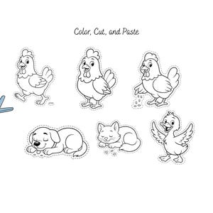 Puede incluir: Dibujo lineal en blanco y negro de seis animales de granja y unas tijeras. Los animales incluyen tres gallinas, un perro, un gato y un pato. El texto "Color, Cut, and Paste" está encima de los animales.