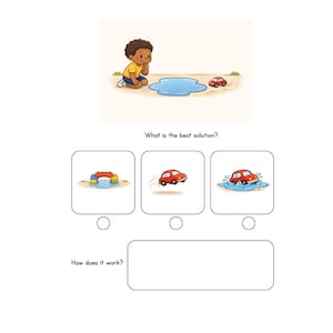 以下が含まれることがあります： 子供が水たまりを見ている教育的なイラスト。 「最良の解決策は何ですか？」という質問と、赤い車を使った3つの選択肢が含まれています。