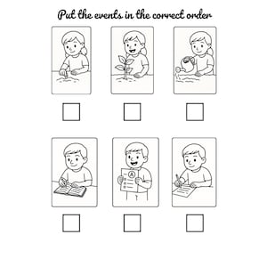 Könnte beinhalten: Schwarz-weißes Arbeitsblatt mit dem Text „Bringe die Ereignisse in die richtige Reihenfolge“. Das Arbeitsblatt zeigt sechs Illustrationen von Kindern, die verschiedene Aktivitäten ausführen, jeweils mit einem leeren Feld darunter zur Reihenfolge.