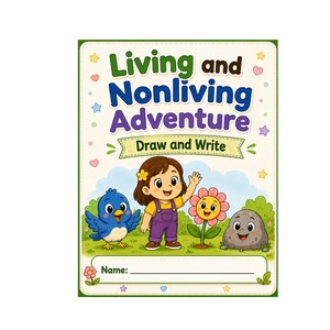 Può includere: Un foglio di attività educativo rettangolare intitolato Living and Nonliving Adventure Draw and Write. La copertina presenta un'illustrazione a cartoni animati di un bambino, un uccellino blu, un fiore sorridente e una roccia su un campo verde.