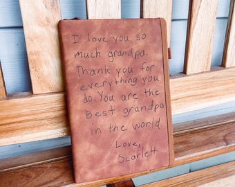 Personalized Genuine Handwriting Engraved Leather Notebook | Customized Journal Gift for Family or Friend Man or Women Note from Children