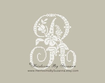 Large Antique Floral Monogram - Machine Cross Stitch Embroidery - Tropical Flower Initial - Cross Stitch Font - Floral Font "R" - HBS-61-R