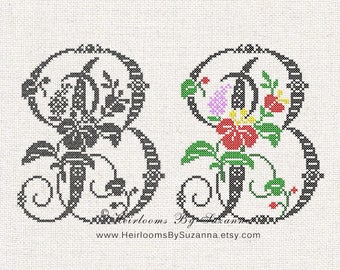 Large Antique Floral Monogram - Machine Cross Stitch Embroidery - Tropical Flower Initial - Cross Stitch Font - Floral Font B - HBS-61-B