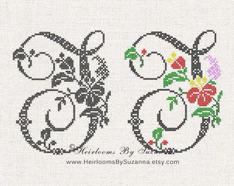 Large Antique Floral Monogram - Machine Cross Stitch Embroidery - Tropical Flower Initial - Cross Stitch Font - Floral Font I-J - HBS-61-I-J