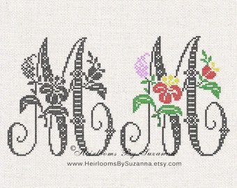 Large Antique Floral Monogram - Machine Cross Stitch Embroidery - Tropical Flower Initial - Cross Stitch Font - Floral Font M - HBS-61-M