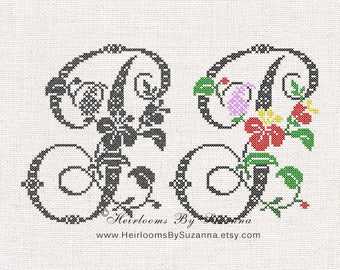 Large Antique Floral Monogram - Machine Cross Stitch Embroidery - Tropical Flower Initial - Cross Stitch Font - Floral Font "P" - HBS-61-P