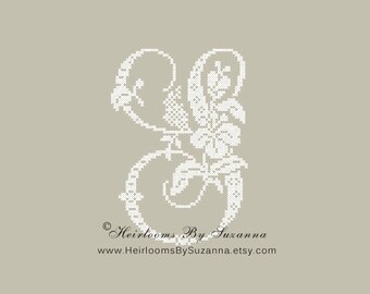 Large Antique Floral Monogram - Machine Cross Stitch Embroidery - Tropical Flower Initial - Cross Stitch Font - Floral Font "S" - HBS-61-S