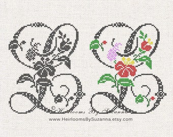 Large Antique Floral Monogram - Machine Cross Stitch Embroidery - Tropical Flower Initial - Cross Stitch Font - Floral Font L - HBS-61-L