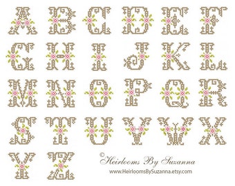 Antique Floral Monogram Set - Machine Embroidery - Floral Machine Cross Stitch Font - Cross Stitch Initial - Floral Initial - No. HBS-366