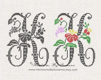 Large Antique Floral Monogram - Machine Cross Stitch Embroidery - Tropical Flower Initial - Cross Stitch Font - Floral Font K - HBS-61-K