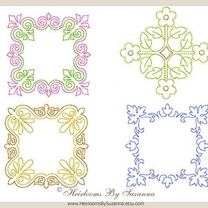 May include: Four different embroidery designs for a square frame. The designs are in green, pink, gold, and blue. The designs are all intricate and detailed. The text "Heirlooms By Susanna" and a website address are at the bottom of the image.