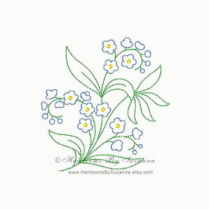 May include: A digital embroidery design featuring a cluster of white forget-me-not flowers with yellow centres, outlined in blue, on green stems. The design is perfect for creating a delicate and charming floral motif.