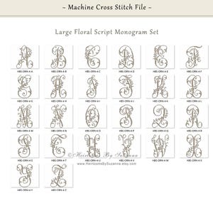 May include: A set of 26 machine embroidery designs featuring large floral script monogram letters in a gray color. The letters are arranged in alphabetical order from A to Z. The designs are labeled with the file name "HBS-ORN-4-A" through "HBS-ORN-4-Z".
