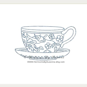 Vintage Japanese Design for Kitchen Blue-work Red-work Machine Embroidery Design, Cup Saucer w Flowers & Bird, Quilt Embroidery - 3 Sizes
