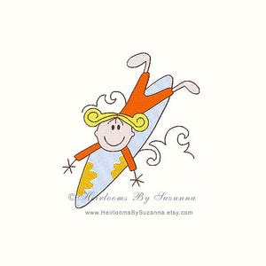 May include: A cartoon illustration of a person with blonde hair and an orange shirt riding a surfboard with yellow and blue accents.