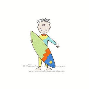 May include: A cartoon illustration of a person holding a surfboard with a green, orange and blue design. The surfboard has a yellow star on it.