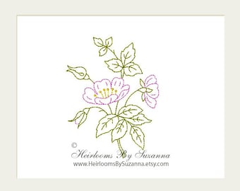 Wild Rose Machine Embroidery Redwork Colorwork Design - Redwork Flower - Floral Design - Machine Quilt Embroidery - 3 Sizes - Flower No.5