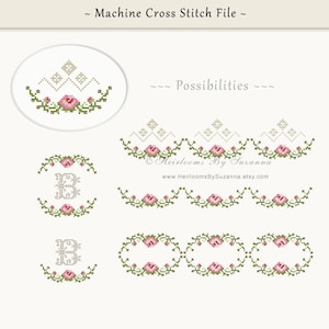 Puede incluir: Archivo de punto de cruz a máquina con posibilidades para un diseño floral que presenta una corona con rosas y un monograma "B". El diseño incluye una pancarta con el texto "Heirlooms By Susanna" y la dirección del sitio web "www.HeirloomsBySusanna.etsy.com".