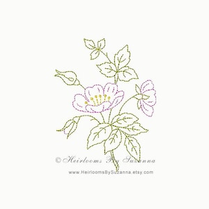 May include: A digital embroidery design featuring a pink flower with yellow center and green leaves. The design is outlined in green and purple thread.
