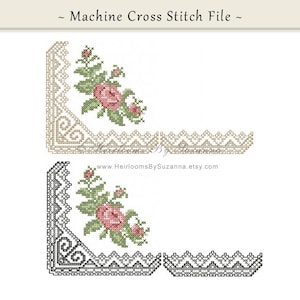Puede incluir: Archivo de punto de cruz a máquina con un diseño de esquina que presenta una rosa rosa con hojas verdes y un patrón de encaje marrón y blanco. El texto "~ Machine Cross Stitch File ~" está en la parte superior de la imagen. El texto "www.HeirloomsBySuzanne.etsy.com" está en la parte inferior de la imagen.