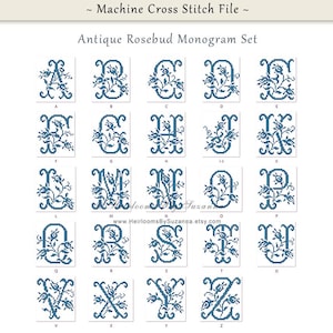 May include: A set of 26 alphabet letters in a blue and white cross stitch design. Each letter is surrounded by a floral design with a rosebud motif. The letters are arranged in alphabetical order.