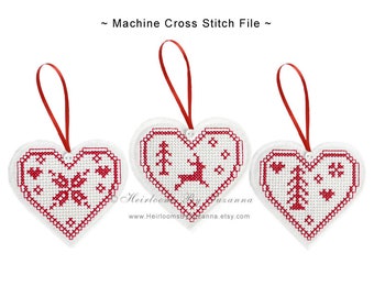 Machine Cross Stitch file - Heart Ornament Trio with In-The-Hoop Instructions - ITH - Christmas Design - Winter - Deer - Snowflake - Tree
