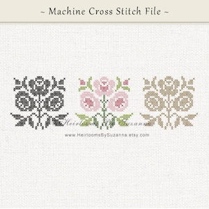 May include: Three machine embroidery designs featuring stylized floral motifs. The designs are in black, pink, and green.
