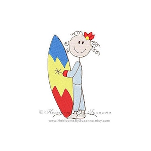 May include: An embroidered design of a stick figure with a surfboard. The surfboard is yellow, blue, and red. The stick figure has curly hair, a red flower, and is wearing a light blue outfit. The design is on a white background.
