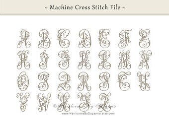 Large Floral Script Monogram Set, Machine Cross Stitch Initial, Floral Font, Decorative Script Font, Floral Garland Monogram - 26 Initials