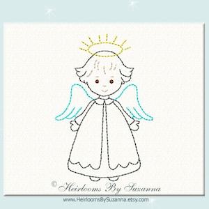 Puede incluir: Un dibujo lineal simple de un ángel con un halo, alas y una túnica. El ángel está delineado en negro y el halo es dorado. Las alas son de color azul claro.