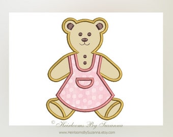 Girl Teddy Applique Design - Machine Applique - Machine Embroidery - Nursery Applique - 4 Sizes - Teddy Bear Applique - Girl - 4x4 - 5x7