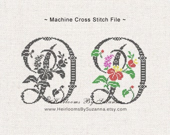 Digital Embroidery Machine Design - Tropical Flower Initial - Large Antique Floral Cross Stitch Monogram  - Floral Font D - HBS-61-D