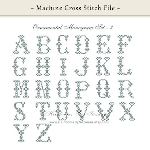 May include: A set of 26 alphabet letters in a grey colour, designed for machine cross stitch. The letters are in a decorative, ornamental style. The text "Ornamental Monogram Set - 3" is at the top of the image. The text "www.HeirloomsBySuzanna.etsy.com" is at the bottom of the image.