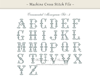 May include: A set of 26 alphabet letters in a gray color, designed for machine cross stitch. The letters are in a decorative, ornamental style. The text "Ornamental Monogram Set - 3" is at the top of the image. The text "www.HeirloomsBySuzanna.etsy.com" is at the bottom of the image.