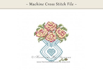 Floral Cross Stitch for Machine Embroidery -  Roses in Vase - Original Machine Cross Stitch Design - Cross Stitch Embroidery Pattern