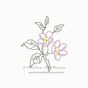 Può includere: Un disegno a linea di un fiore rosa con centri gialli e foglie verdi. Il disegno è realizzato in stile vintage con un aspetto cucito.