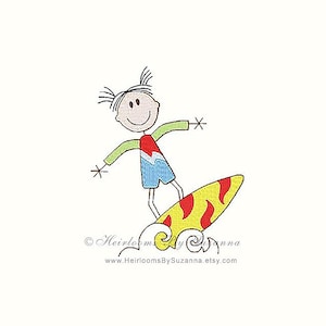 May include: A cartoon illustration of a person surfing on a yellow surfboard with red and white stripes. The person is wearing a green, red, and blue shirt and has black hair.