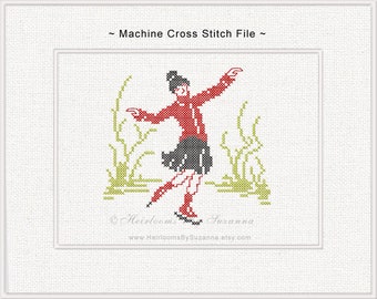 Skater Machine Cross Stitch Design, Ice Skating Girl, Antique Cross Stitch Design, Vintage Female Skater Embroidery Pattern, Winter Sport