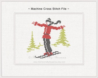 Machine Cross Stitch Embroidery Design - Old Fashioned Male Skier - Skiing Man - Antique, Vintage Design - Winter Sport - Holiday Design