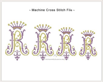 Double Initial KR or RK with Crown - Ornamental Large Antique Royal Monogram - Machine Cross Stitch Monogram, Double Initial - 4 Sizes