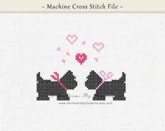 Scotties und Herzen - Scottie Welpen - Maschinenstickerei Design - Maschinen Kreuzstich Design - Hundewelpe - 15X7 - HBS-411