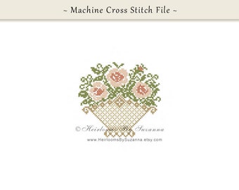 Basket of Roses Machine Cross Stitch Pattern - Floral Machine Embroidery Design - HBS-402