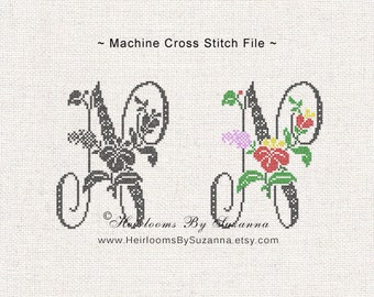 Digital Embroidery Machine Design - Tropical Flower Initial - Large Antique Floral Cross Stitch Monogram - Floral Font N - HBS-61-N