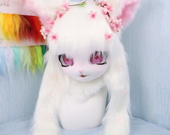 Gothic White Cat Furry Head with Matching Paws Handmade Fursuit Mask with Pink Paw Pads and Rose Skeleton Hair Clip Dark Cute Lolita Cosplay