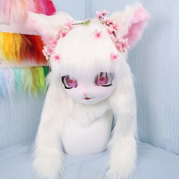 Cabeça de gato branco gótico com patas combinando, máscara de fursuit feita à mão com almofadas de pata rosa e presilha de cabelo de esqueleto de rosa, cosplay Lolita fofo e sombrio