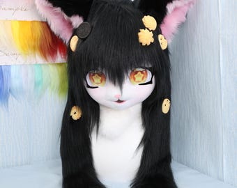 Black Cat Fursuit Head Cookie Hair Clips Cute Cosplay Furry Mask Star Eyes Matching Paws Sweet Lolita Style Costume Handmade Animal KIG Head