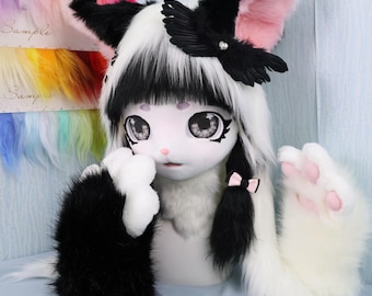 Gothic Kitty Fursuit Head Handmade Black White Cosplay Mask with Pigtail Braids Matching Paw Gloves Kawaii Lolita Style Furry Costume Prop